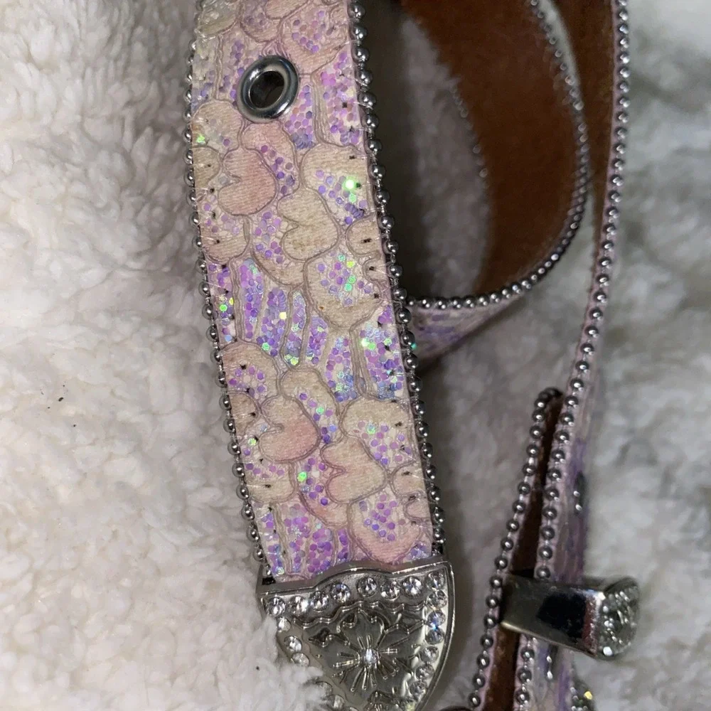 Shyanne Girls Pink Iridescent Heart Floral Leather Rhinestone Western Belt 22